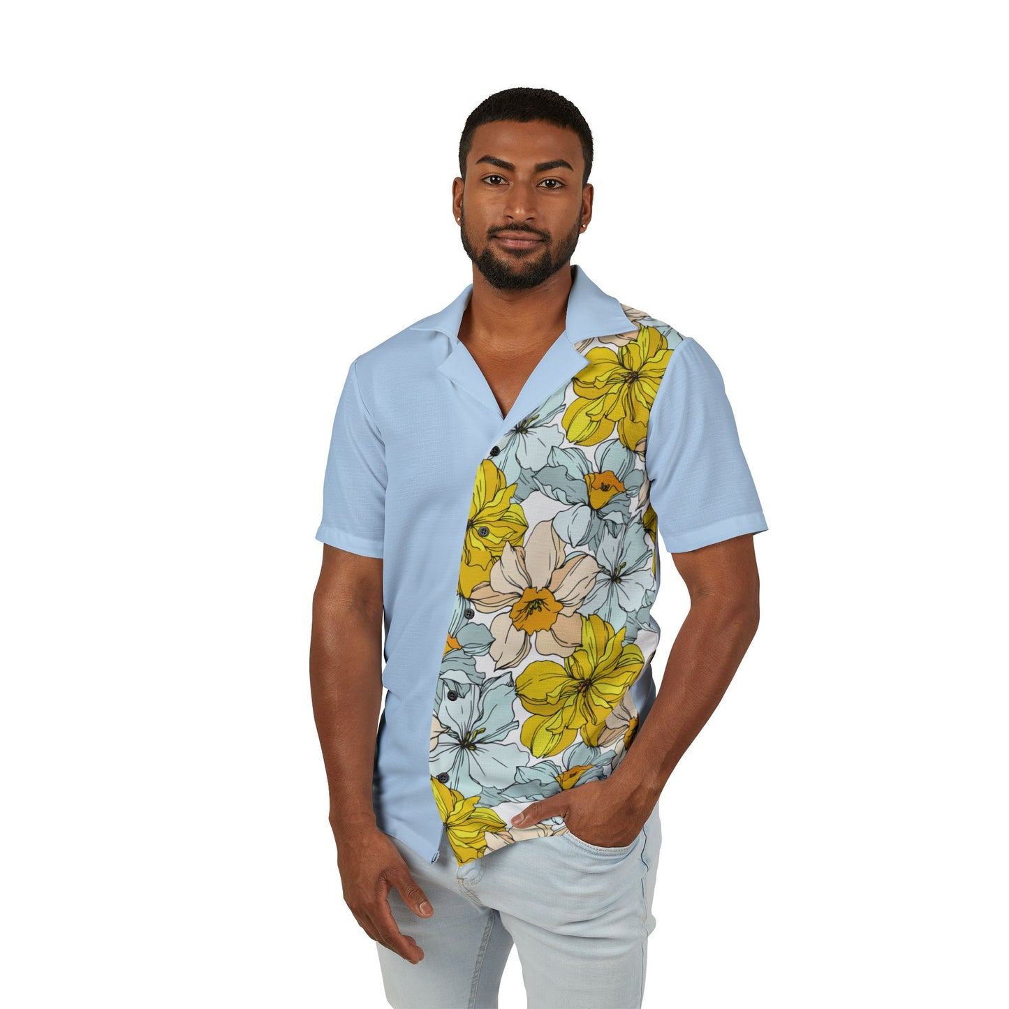 Men's Shirt - Pastel Blue with Floral Design by Margo Makaroff
