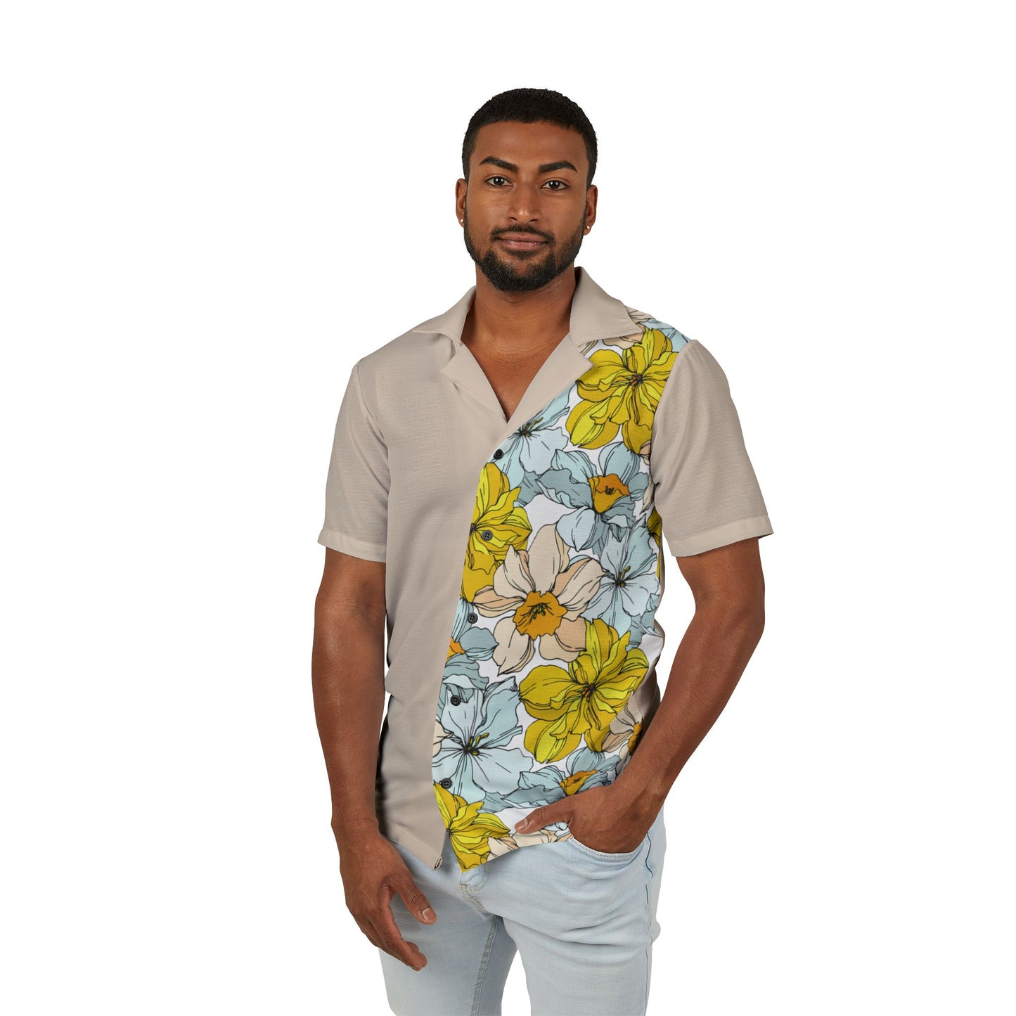 Men's Shirt - Pastel Beige with Floral Design by Margo Makaroff