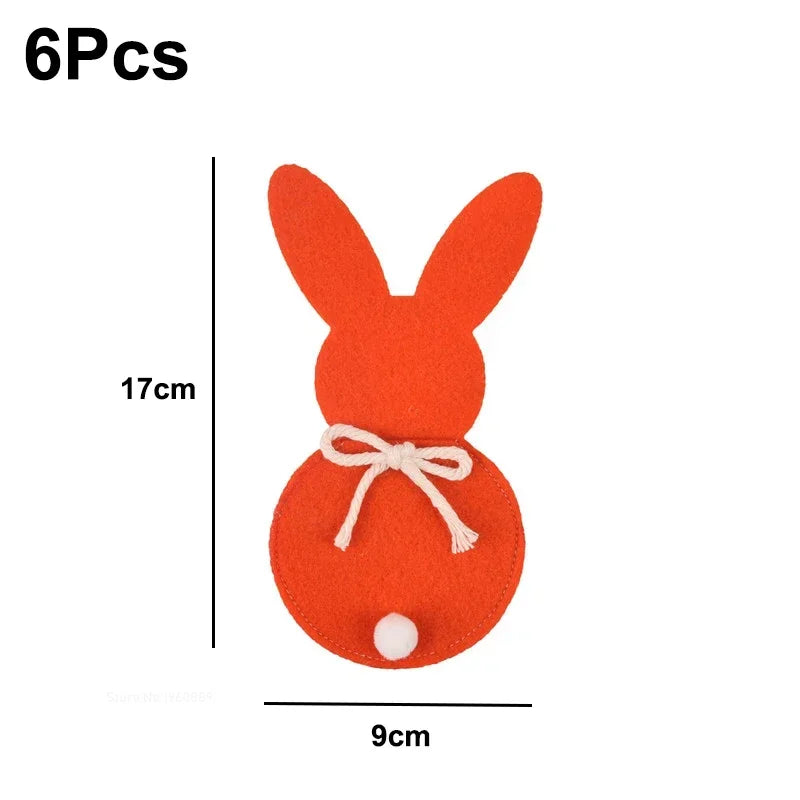 6Pcs Easter Bunny Felt Cutlery Holder Bag Happy Easter Decorations for Rabbit Tableware Knife Fork Cover Bag Party Accessories