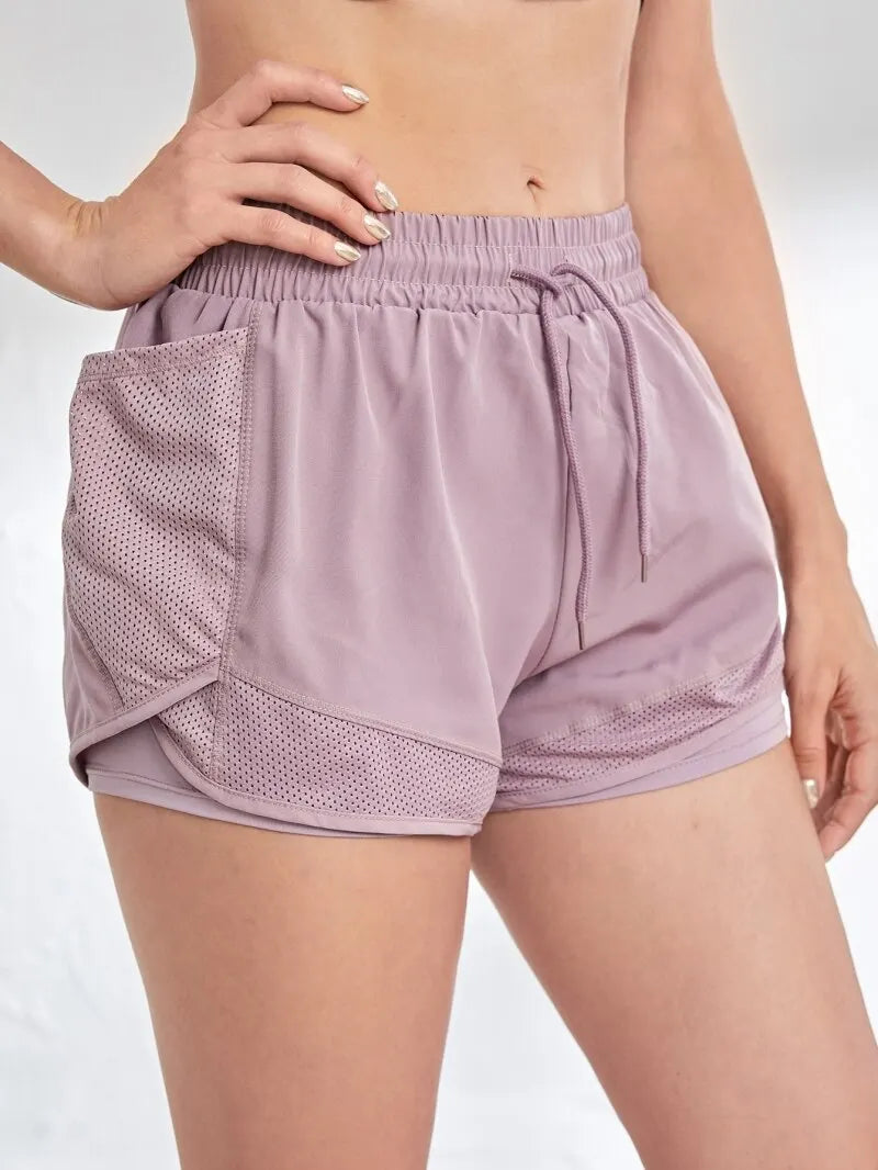 Women's Elastic Sports Shorts With Pockets, Fake Two-Piece Yoga Leggings Running And Training