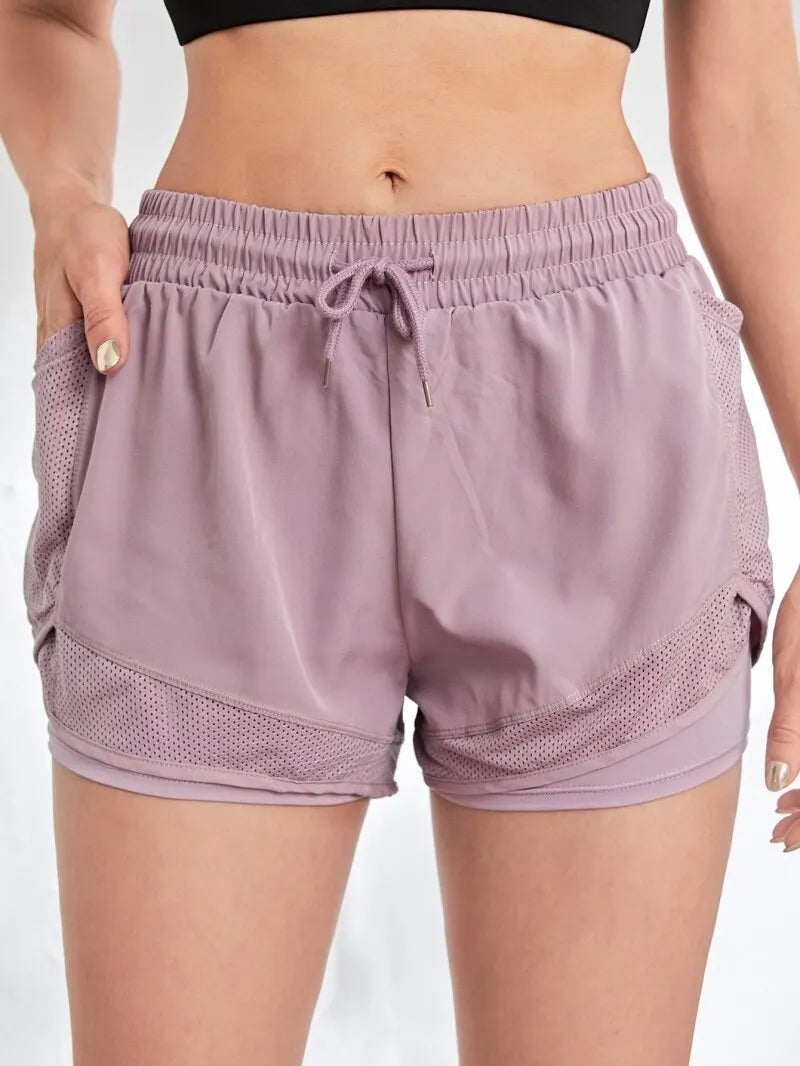 Women's Elastic Sports Shorts With Pockets, Fake Two-Piece Yoga Leggings Running And Training