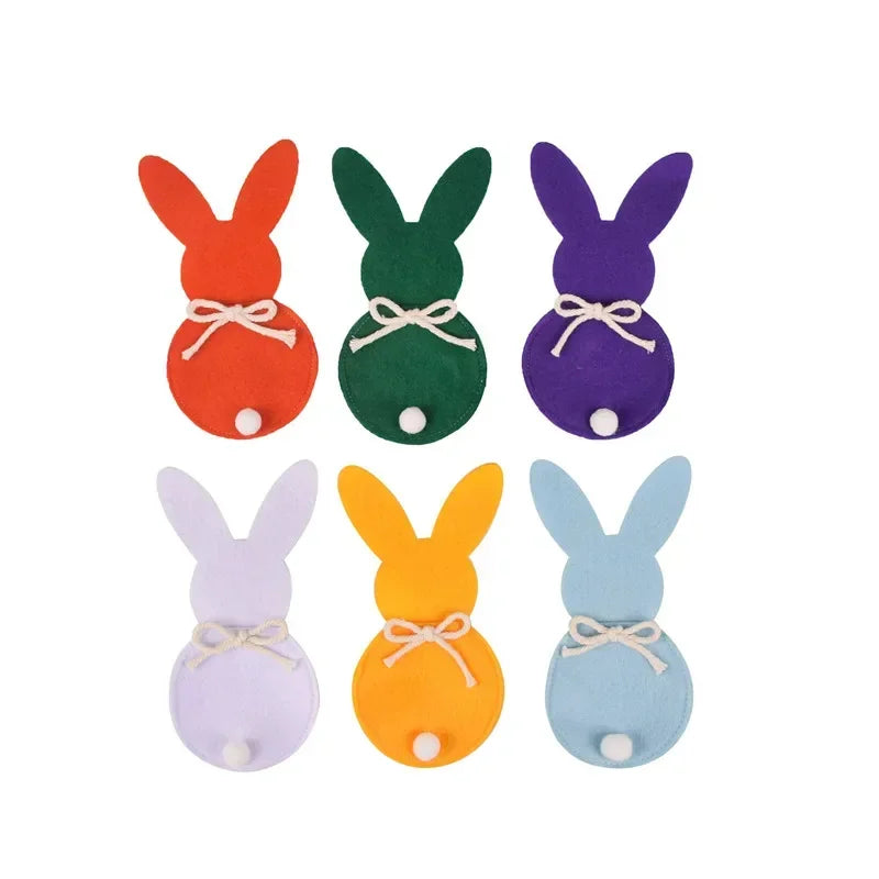 6Pcs Easter Bunny Felt Cutlery Holder Bag Happy Easter Decorations for Rabbit Tableware Knife Fork Cover Bag Party Accessories