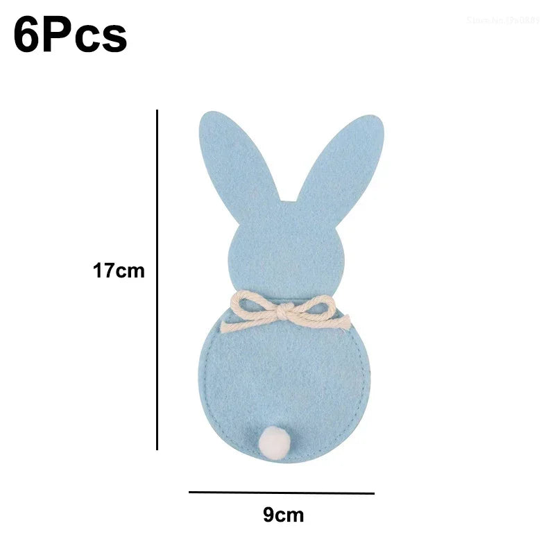 6Pcs Easter Bunny Felt Cutlery Holder Bag Happy Easter Decorations for Rabbit Tableware Knife Fork Cover Bag Party Accessories