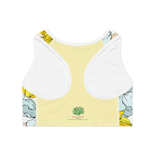 Floral with Pastel Yellow (Buttermilk) Sports Bra -Margo Makaroff - Personalization Available